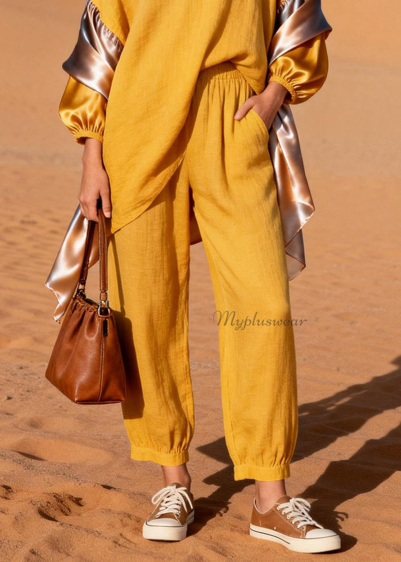 Stylish Yellow V Neck Patchwork Linen Silk Two Pieces Set Spring