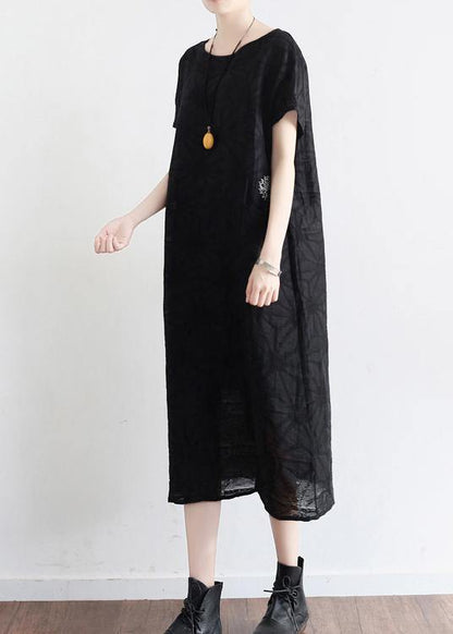 Summer Black Cotton Hemp Embroidered Oversized Dress