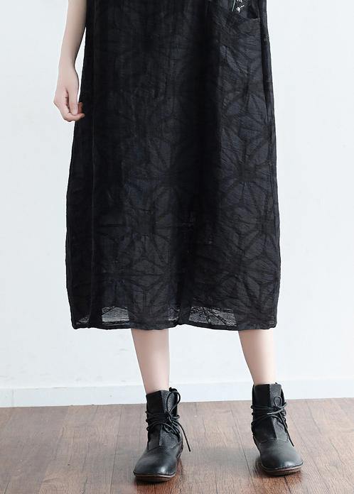 Summer Black Cotton Hemp Embroidered Oversized Dress