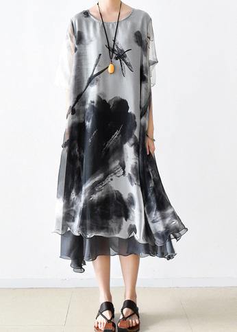 Summer Grey Print Chiffon Short Sleeve Dress