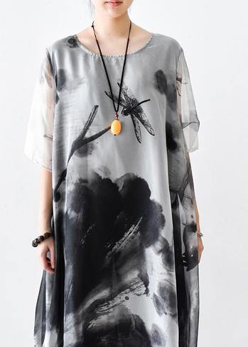 Summer Grey Print Chiffon Short Sleeve Dress