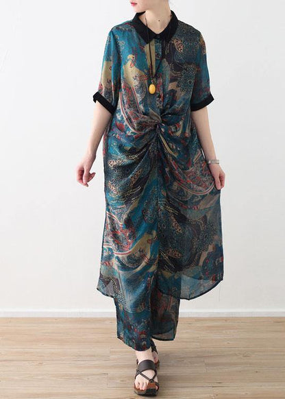 Summer Large Blue Print Chiffon Print Set Shirt Pants Two Piece Set