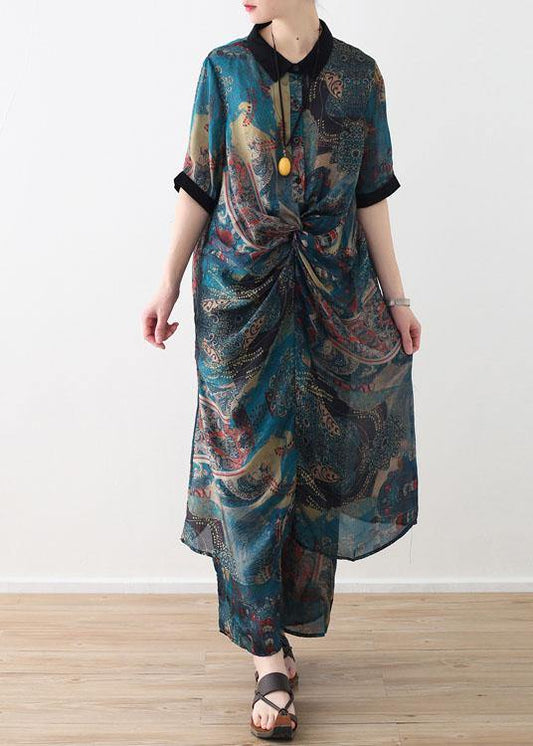 Summer Large Blue Print Chiffon Print Set Shirt Pants Two Piece Set