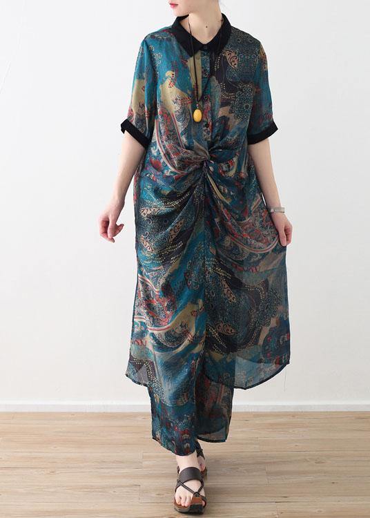 Summer Large Blue Print Chiffon Print Set Shirt Pants Two Piece Set