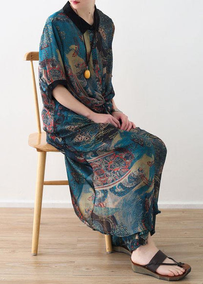 Summer Large Blue Print Chiffon Print Set Shirt Pants Two Piece Set