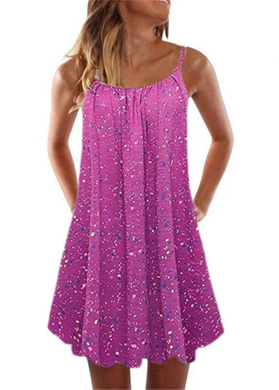 Summer New Pleated Swing Loose Purple Sling Print Dress