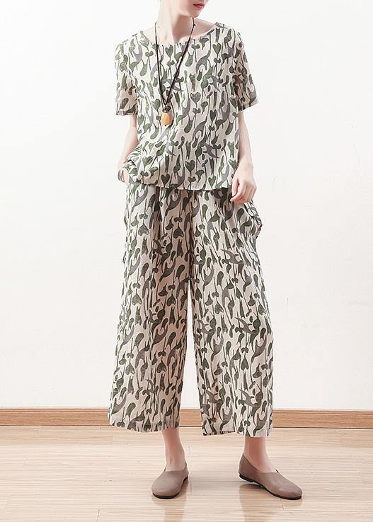 Summer Original Design Green Short Sleeve Prints Linen Print Shirt Pants Two Pieces