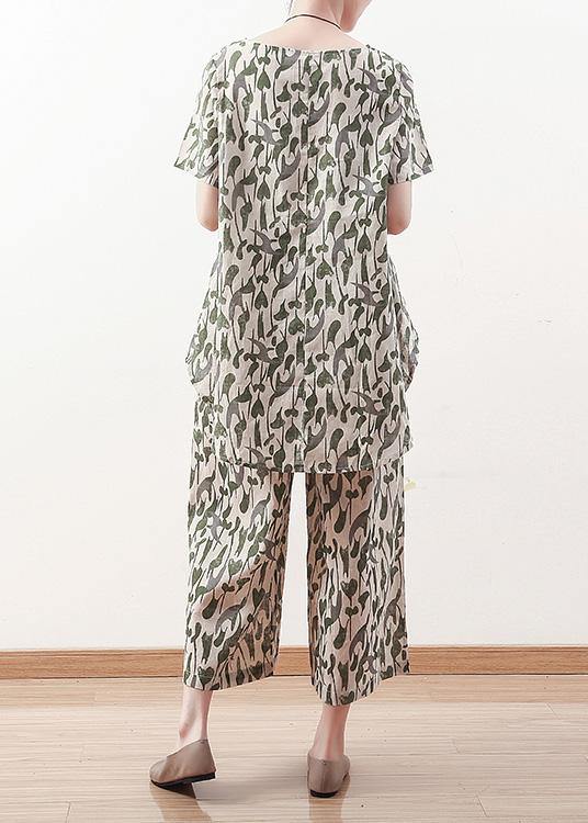 Summer Original Design Green Short Sleeve Prints Linen Print Shirt Pants Two Pieces
