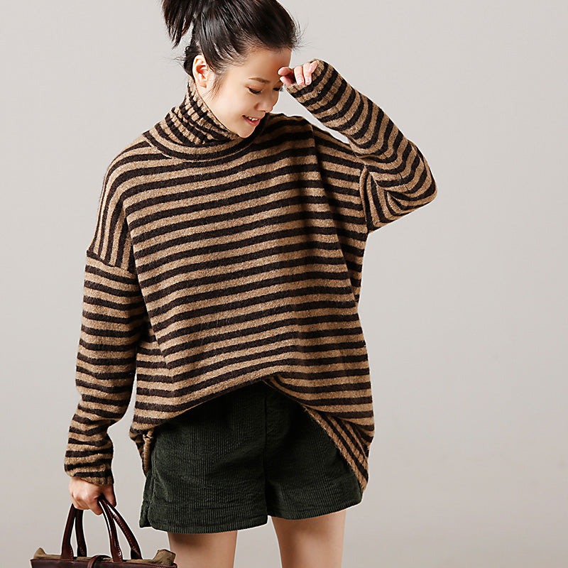 Sweater Pullover High Neck Khaki Thick Art Knitted Tops Striped