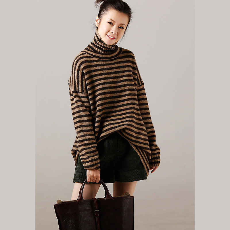 Sweater Pullover High Neck Khaki Thick Art Knitted Tops Striped