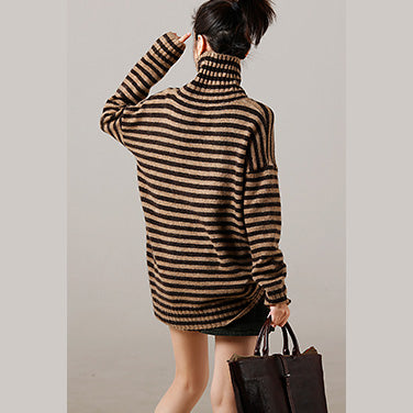 Sweater Pullover High Neck Khaki Thick Art Knitted Tops Striped