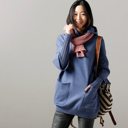 Sweater Weather Upcycle Big Pockets Blue Daily Knit Top Hooded Fall