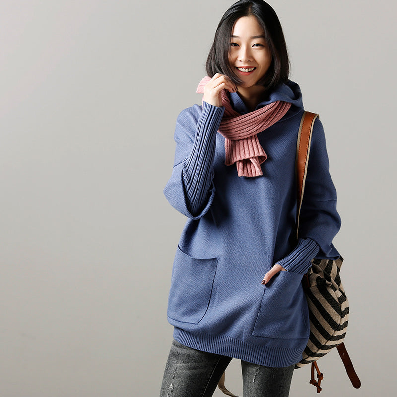 Sweater Weather Upcycle Big Pockets Blue Daily Knit Top Hooded Fall