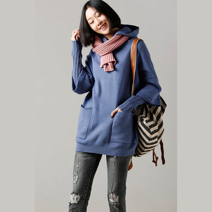 Sweater Weather Upcycle Big Pockets Blue Daily Knit Top Hooded Fall