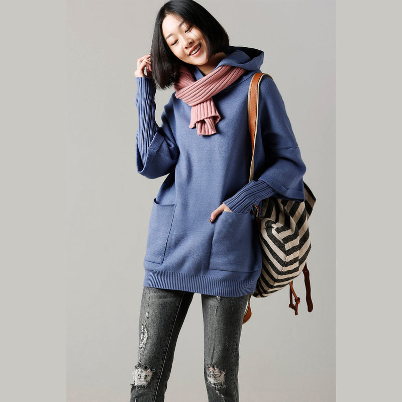 Sweater Weather Upcycle Big Pockets Blue Daily Knit Top Hooded Fall