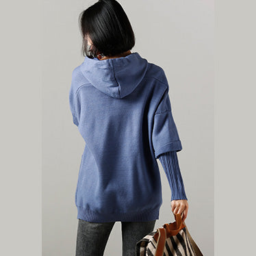 Sweater Weather Upcycle Big Pockets Blue Daily Knit Top Hooded Fall