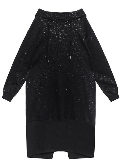 Sweater Autumn Winter Loose Hooded Plush Shiny Black Dress