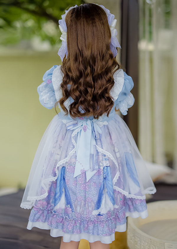 Sweet Pink Ruffled Bow Character Patchwork Tulle Kids Princess Dress Summer