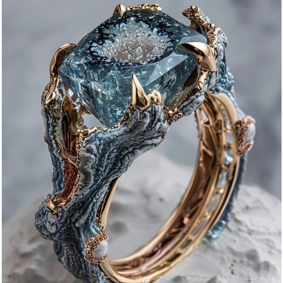 Exotic Nature Blue Crystal Gold Ring