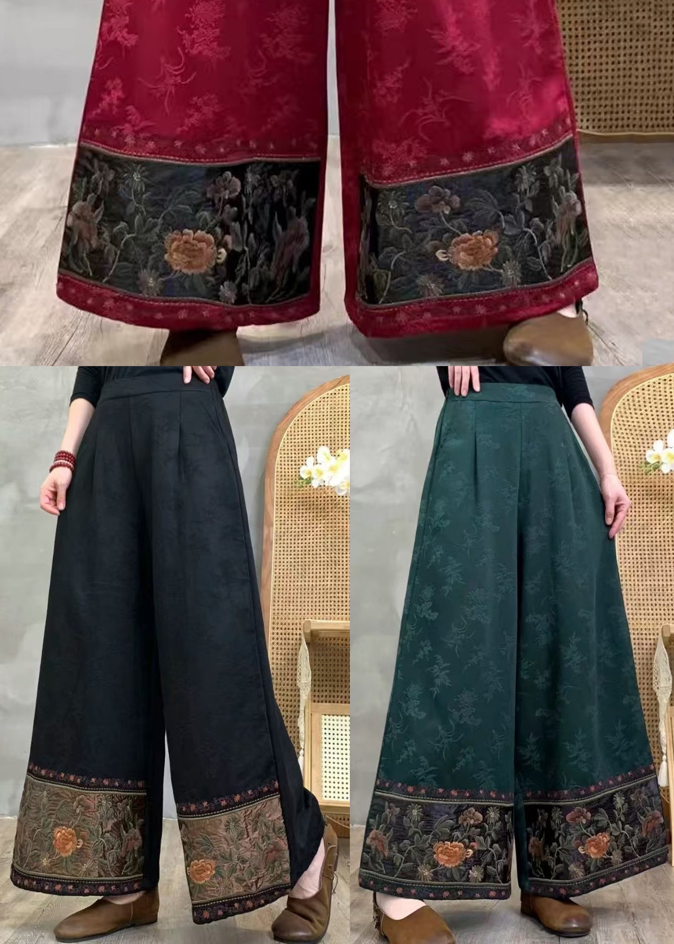 Tea Green Jacquard Cotton Straight Pants Embroidered Spring