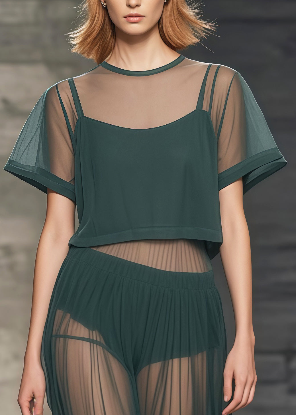 Tea Green Patchwork Tulle Sheer Two Piece Set Clothing Summer