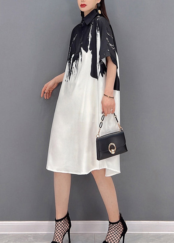 Black Peter Pan Collar Print Button Silk Dress Short Sleeve