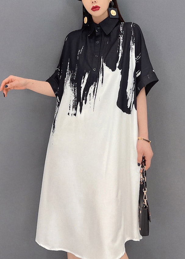 Black Peter Pan Collar Print Button Silk Dress Short Sleeve