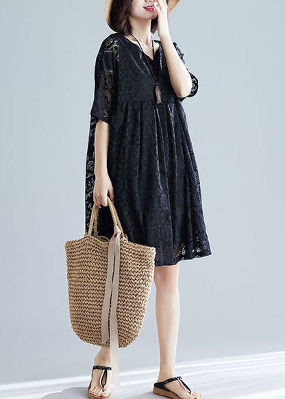 Black V Neck Wrinkled Exra Large Hem Lace a Line Dress Short Sleeve