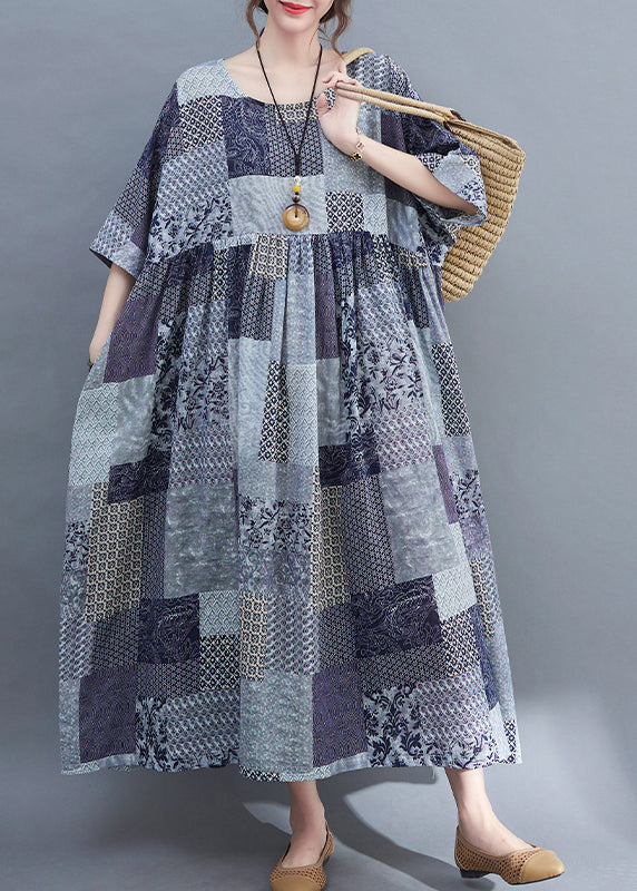 Blue Plaid O-neck Wrinkled Exra Large Hem Dress Half Sleeve