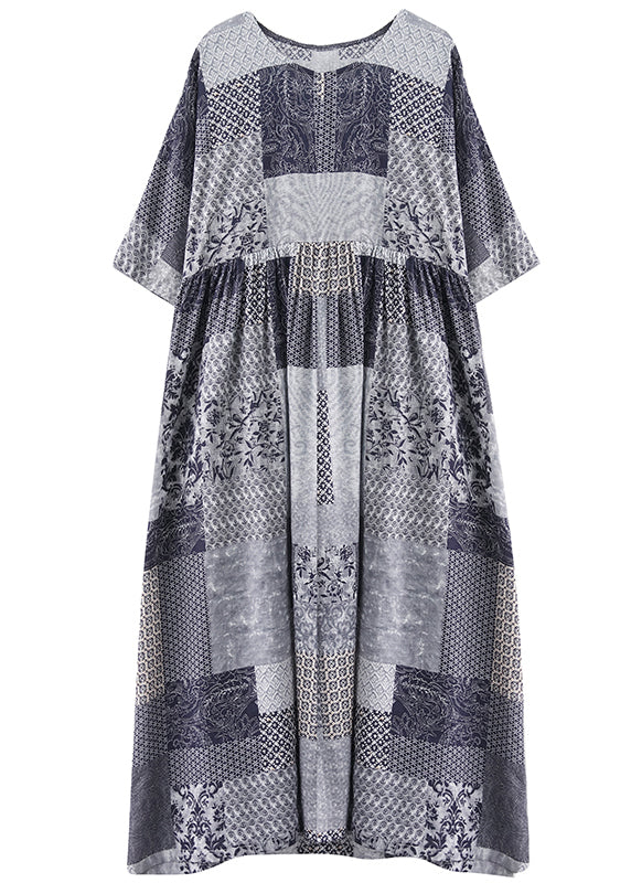 Blue Plaid O-neck Wrinkled Exra Large Hem Dress Half Sleeve