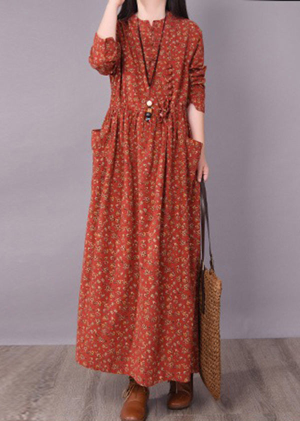 Brick Red Cinched Print Linen Long Dress Long Sleeve