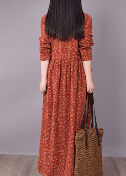 Brick Red Cinched Print Linen Long Dress Long Sleeve