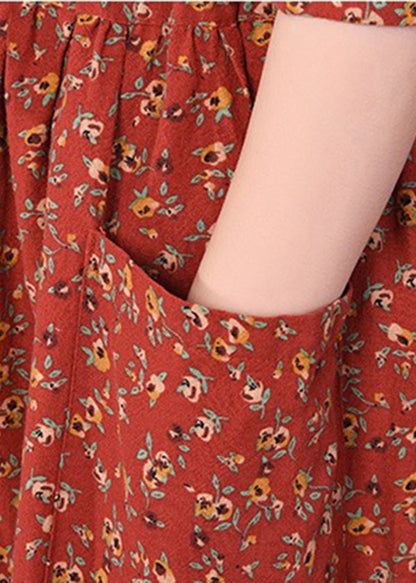 Brick Red Cinched Print Linen Long Dress Long Sleeve