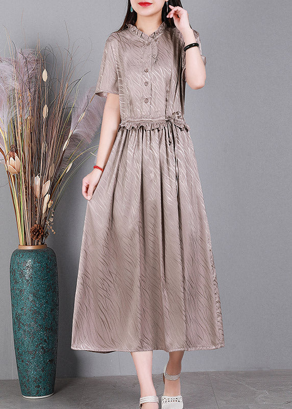 Lotus Root Pink V Neck Button Drawstring Silk Dresses Short Sleeve