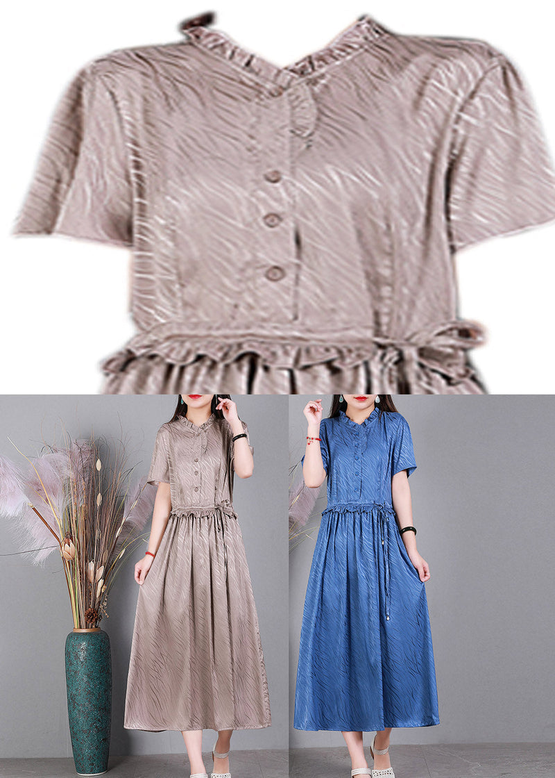 Lotus Root Pink V Neck Button Drawstring Silk Dresses Short Sleeve