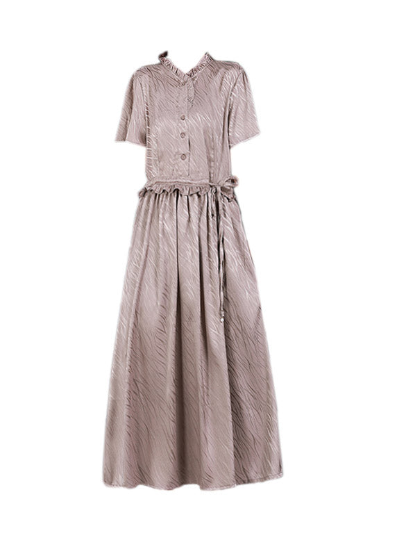Lotus Root Pink V Neck Button Drawstring Silk Dresses Short Sleeve