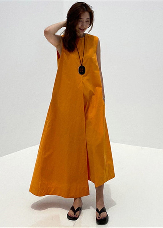 Orange O-neck Asymmetrical Pockets Cotton Long Dresses Sleeveless