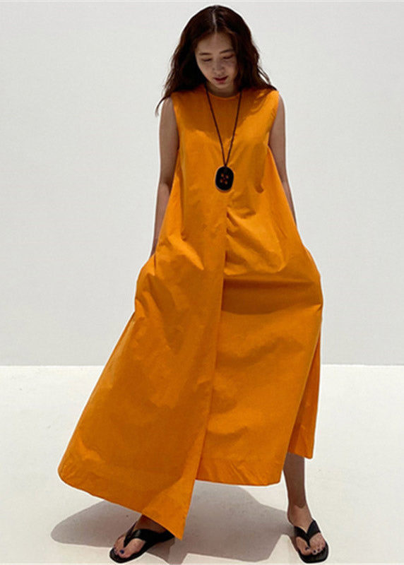 Orange O-neck Asymmetrical Pockets Cotton Long Dresses Sleeveless