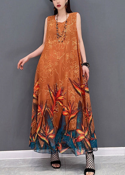 Orange O-neck Chiffon Long Beach Dresses Sleeveless