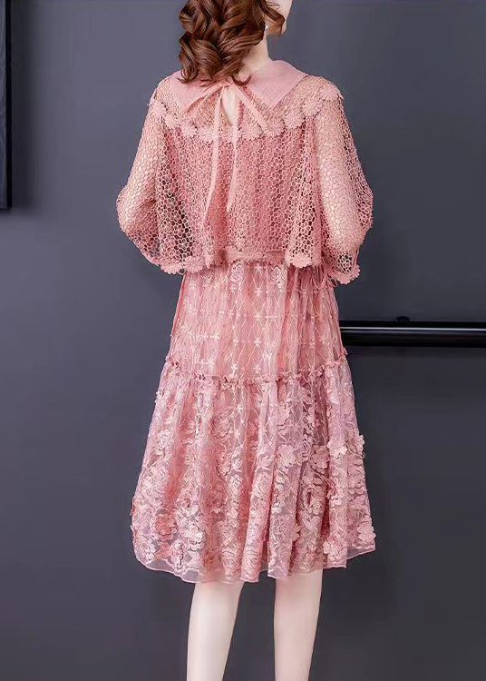 Pink O-neck Ruffled Patchwork Lace Dress Half Sleeve