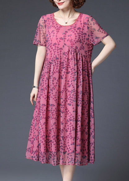 Rose Wrinkled Chiffon Vacation Dress Short Sleeve
