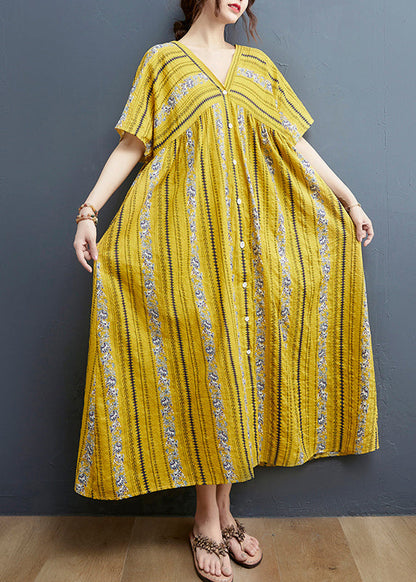 Yellow Print Cotton Maxi Dresses Short Sleeve