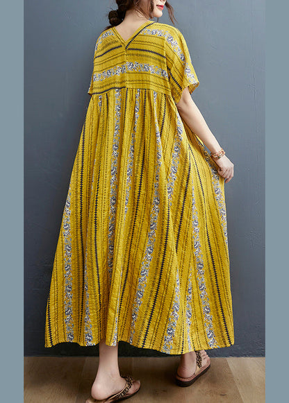 Yellow Print Cotton Maxi Dresses Short Sleeve