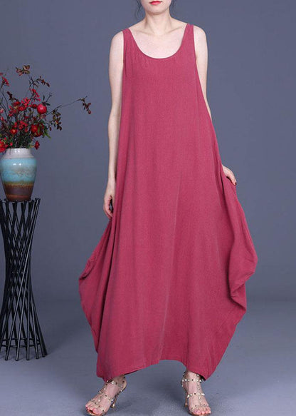 Red O-neck Asymmetrical Design Summer Silk Dresses Sleeveless