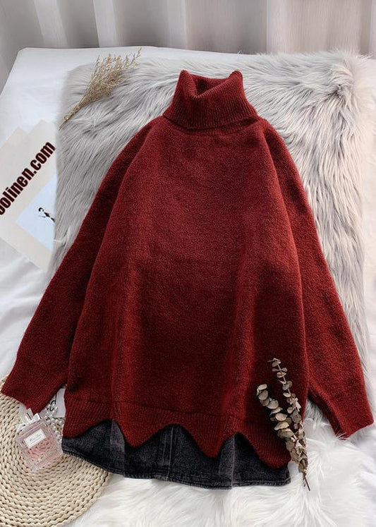 Turtleneck Sweater Loose Burgundy Net Red Inner Padded Top