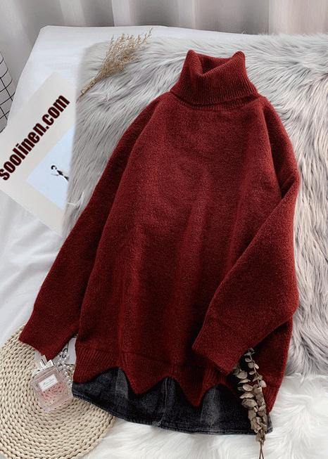Turtleneck Sweater Loose Burgundy Net Red Inner Padded Top