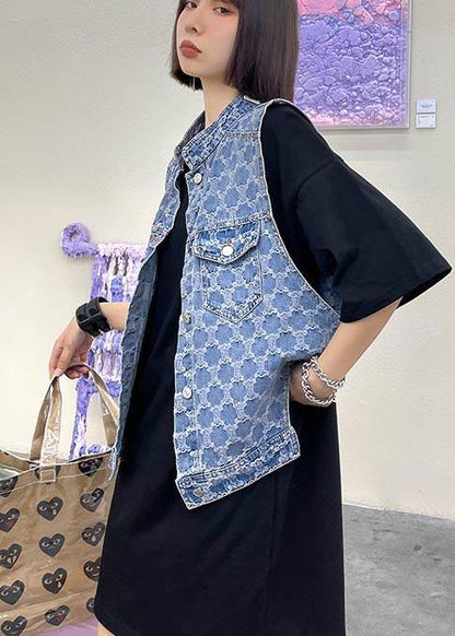 Two Piece Blue Black Denim Vest With Loose and Fashionable Skirt