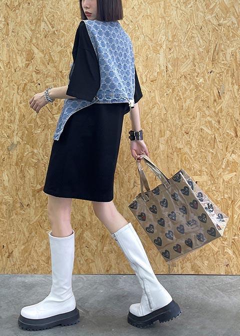 Two Piece Blue Black Denim Vest With Loose and Fashionable Skirt
