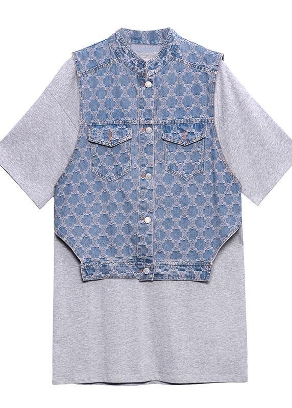 Two Piece Blue Black Denim Vest With Loose and Fashionable Skirt