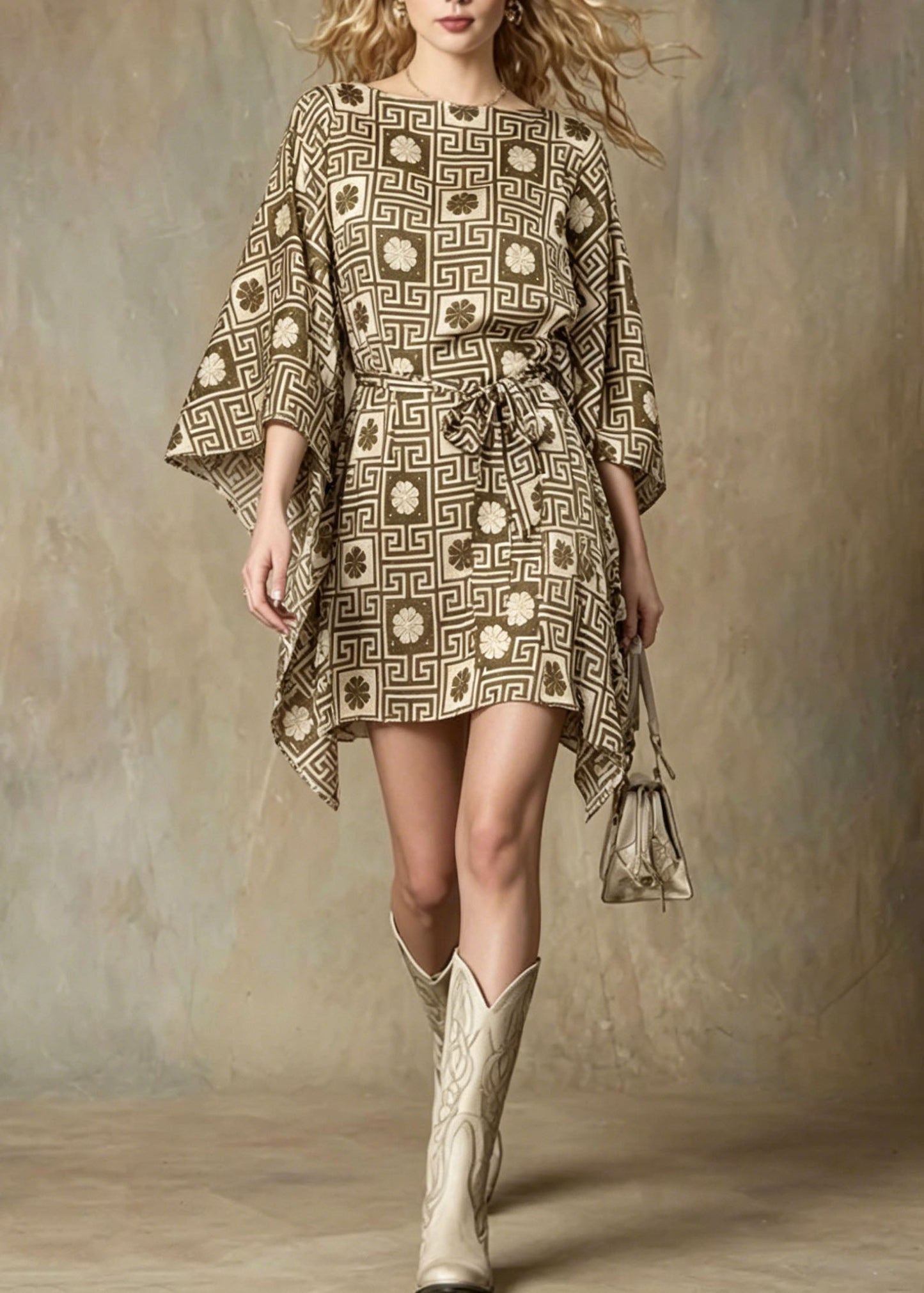 Unique Asymmetrical Design Geometric Print Lace Up Dress Batwing Sleeve